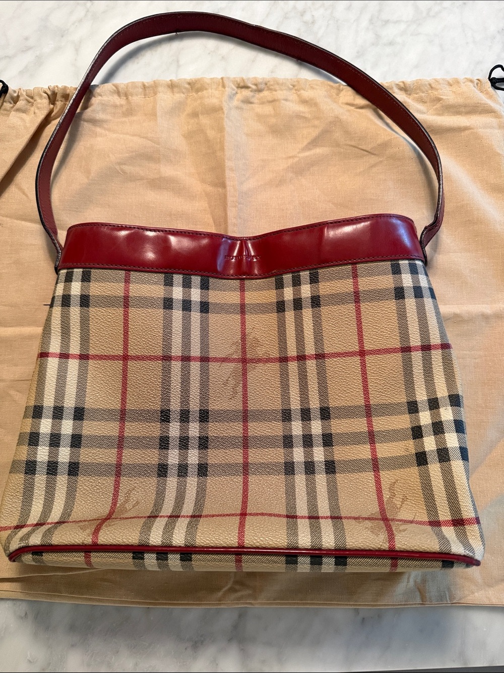 Vintage Burberry Beige Check Shoulder Bag with Red Trim